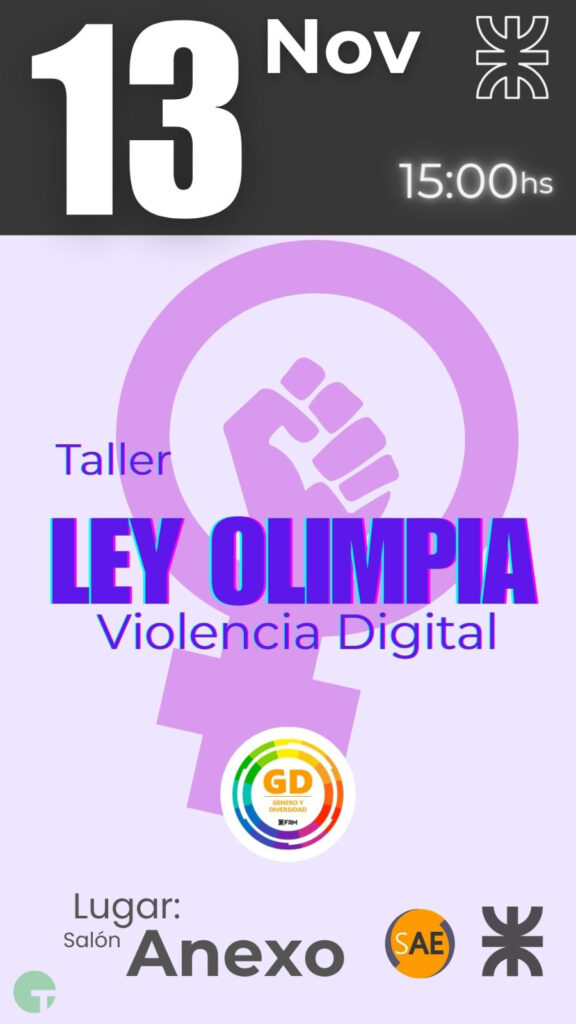 flyer evento Taller Ley Olimpia Violencia Digital. Lugar salón anexo en la UTN FRM